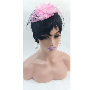 Vintage Style Pink Fascinator Hat Faux Feather Polka Dot Veil Hair Clip